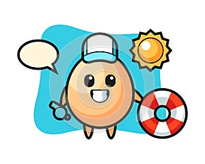 Cartoon mascot of egg as a beach guard