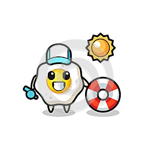 Cartoon mascot of fried egg as a beach guard