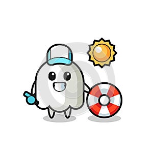 Cartoon mascot of ghost as a beach guard
