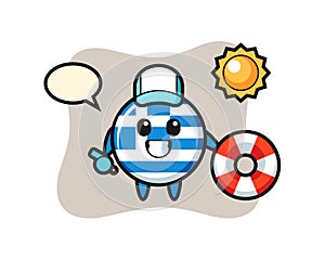 Cartoon mascot of greece flag badge as a beach guard