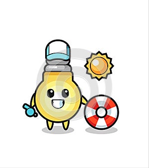 Cartoon mascot of light bulb as a beach guard