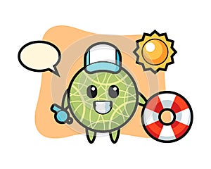 Cartoon mascot of melon as a beach guard