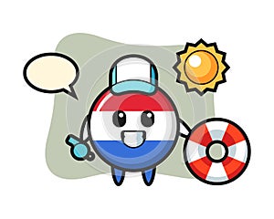 Cartoon mascot of netherlands flag badge as a beach guard