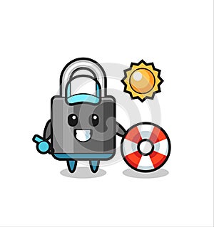 Cartoon mascot of padlock as a beach guard