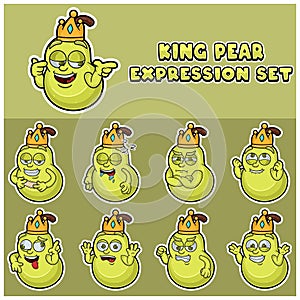 Cartoon Mascot Of Pear Fuit Character with king and expression set