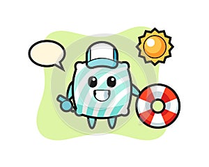 Cartoon mascot of pillow as a beach guard