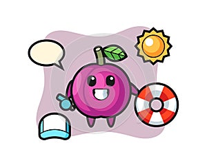 Cartoon mascot of plum fruit as a beach guard