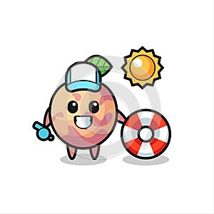 Cartoon mascot of pluot fruit as a beach guard