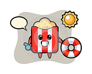 Cartoon mascot of popcorn as a beach guard