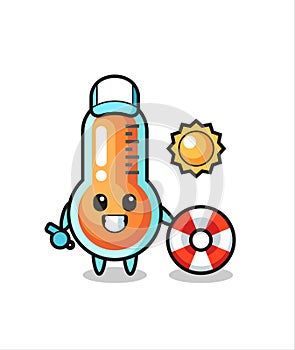 Cartoon mascot of thermometer as a beach guard