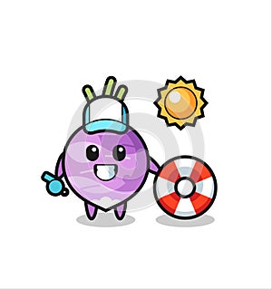 Cartoon mascot of turnip as a beach guard