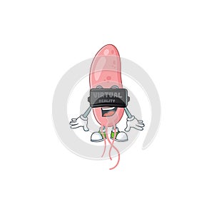 A cartoon mascot of vibrio cholerae enjoying game with Virtual reality headset