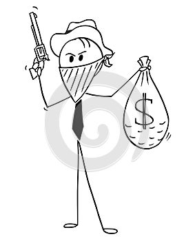 Cartoon of Masked Businessman Cowboy Robber with Bag of Stolen Dollar Money and Gun photo
