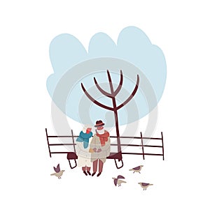 Cartoon mature couple sitting on bench at winter park vector flat illustration. Senior man and woman in warm clothes