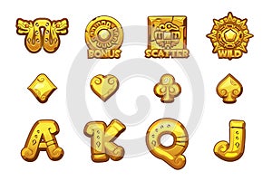 Cartoon MAYA Slots golden icons. Ancient Mexican mythology Vector symbols. Game casino, slot, UI.