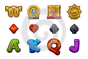 Cartoon MAYA Slots stone icons. Ancient Mexican mythology Vector symbols. Game casino, slot, UI.