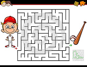 Cartoon maze activity with boy and baseball