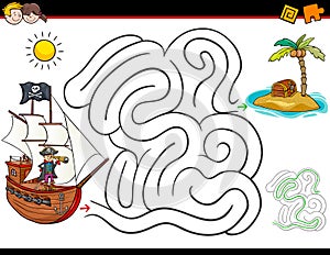 Cartoon maze activity with pirate and treasure