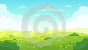 Cartoon meadow landscape. Summer green fields view, spring lawn hill and blue sky, green grass fields landscape vector photo