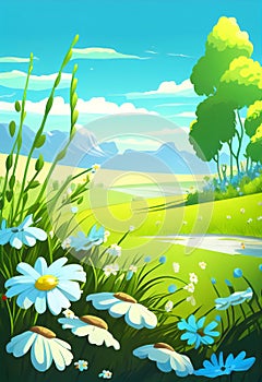 Cartoon meadow spring country meadow landscape background of a springtime green pasture field with a blue summer sky and fluffy