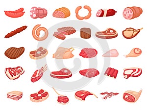 Cartoon meat products. Chicken, sausages and sausages. Steaks, pork bacon and ribs vector set