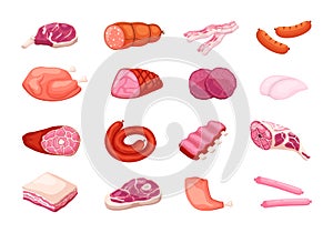 Cartoon meat products. Raw farm pork, beef steak, chicken and lamb, sausage, bacon and salami, different gastronomic
