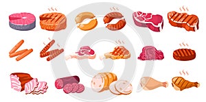 Cartoon meat products. Raw steaks sausages and forcemeat, fresh meaty ingredients for bbq, pork beef chicken sirloin