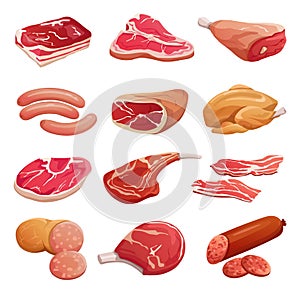 Cartoon meat set. Pork, beef and lamb raw meat products and sausages, jerky vector isolated icons