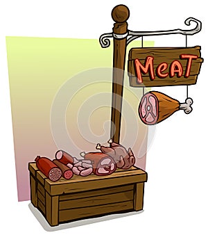 Cartoon meat vendor booth market wooden stand