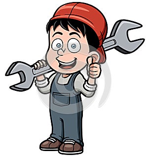 Cartoon mechanic holding a huge wrench