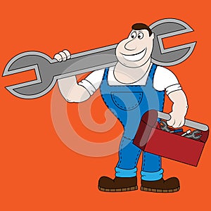 Cartoon mechanic holding a huge wrench.