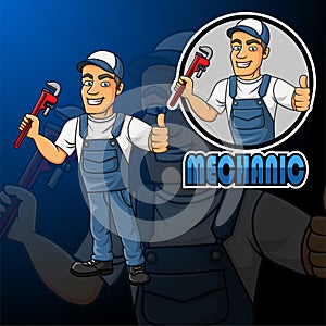 Cartoon mechanic mascot holding a big wrench