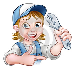 Cartoon Mechanic Plumber Woman Holding Spanner