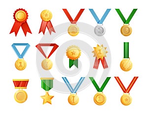 Cartoon medals. Golden silver and bronze awards for game UI or level progress. Competition or tournament rewards