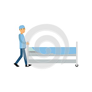 Cartoon medical orderly in blue uniform pushing hospital bed by corridor