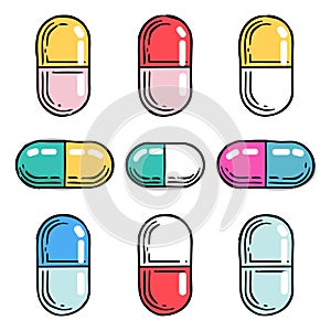 Cartoon medicine capsules colorful healthcare drugs. Handdrawn pharmacy pills medication treatment