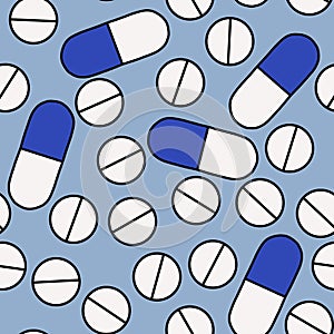 Cartoon medicine seamless pills pattern for wrapping paper and clothes print and fabrics and linens and pharmacy