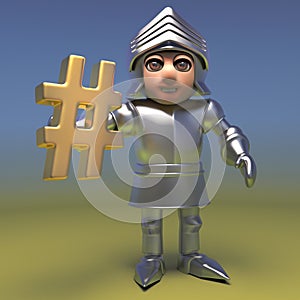 Cartoon medieval armoured knight holding a hashtag symbol, 3d illustration