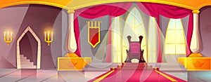Cartoon medieval castle with empty ballroom with king throne