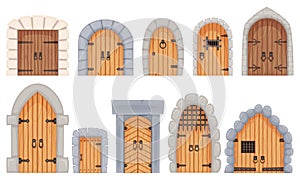 Cartoon medieval castle entrance gates and dungeon door. Old wooden doors with stone surround, ancient castles doorway