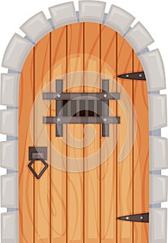 Cartoon medieval castle entrance gates and dungeon door. Old wooden doors with stone surround, ancient castles doorway