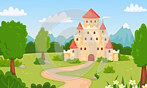 Cartoon medieval castle, fairytale landscape with princess palace. Magic kingdom fortress in forest, children fairy tale