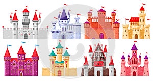 Cartoon medieval castles. Fairytale medieval towers, historical royal kingdom castles. Ancient fortress castles cartoon