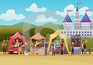 Cartoon medieval fair. Middle ages or fairy tale fair market with characters standing in costumes. Sell various products