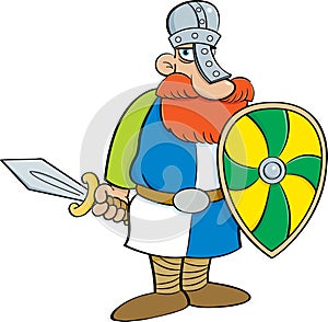 Cartoon medieval knight holding a shield and a sword.