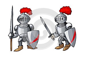 Cartoon medieval knight with shield and sword, isolated on white background