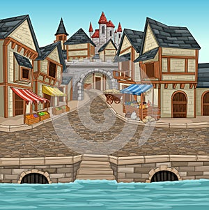 Cartoon medieval town. Middle age village.