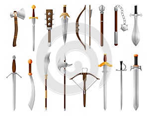 Cartoon medieval weapon. Old sword, bow and axe. Fantasy knight battle weapons vector illustration set