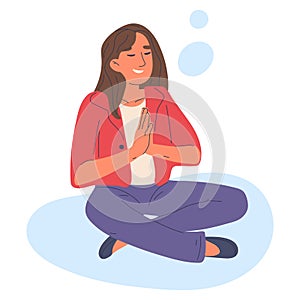 Cartoon meditating businesswoman. Office worker in lotus pose, peaceful female employee practicing yoga flat vector illustration