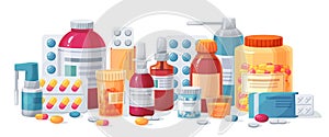 Cartoon meds. Drugs, tablet capsules and prescription bottles. Blisters and painkiller drug vector pharmacy medication photo